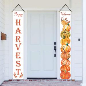 AVOIN Happy Harvest Pumpkin Porch Sign Welcome Quote Decoration, Fall Autumn Vintage Thanksgiving Hanging Banner Flag for Yard Indoor Outdoor Party 12 x 72 Inch