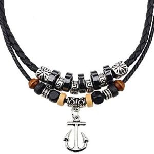 Davitu Men’s Pirate Anchor Necklace Tibetan Silver Sailor Symbol Anchor Pendant Jewelry Rope Leather Chain Necklace Gift for Boyfriend