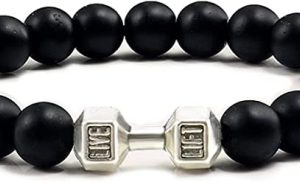 QWSAZX Black Volcanic Lava Stone Dumbbell Bracelet Black Matte Beads Bracelets for Women Men Fitness Barbell Jewelry (Metal Color : Black Matte Silver)