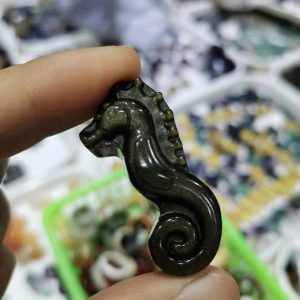Natural Gold obsidian stone Crystal Carved sea horse Animal Ornaments