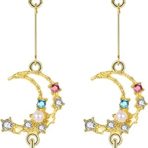 Crescent Moon Star Dangle Earrings for Women,Moon Earrings Colorful Star Crystal Dangle Drop Earrings for Girls, Gold