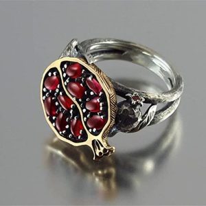 Milangirl Vintage Fruit Fresh Red Garnet Rings for Women Gifts Resin Stone Pomegranate Jewelry Ancient Anniversary Ring