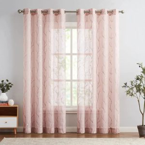 Curtains Floral Embroidery Drapes 95IN Voile Light Filtering Window Curtain SET
