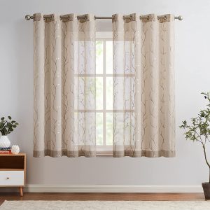 Curtains Floral Embroidery Drapes 63 inch Voile Light Filtering Window Curtain