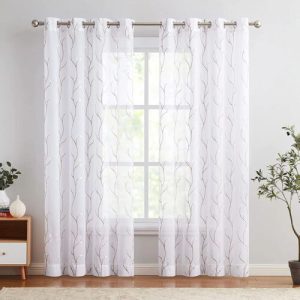 Sheer Curtains Floral Embroidery Drapes 84 in Voile Light Filtering, WHITE