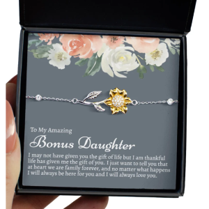 Sentimental Bonus Daughter Sunflower Bracelet, Bonus Daughter Gift, To My Bonus Daughter, Stepdaughter Jewelry, Stepdaughter Bracelet, Necklace Gift Message Cards And Gift Box