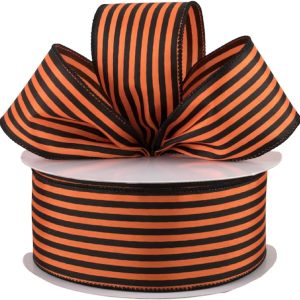Orange Black Stripe Satin Fabric Wired Ribbon, Orange Black Stripe Ribbon, Wired Ribbon, Farmhouse Wired Ribbon, Ribbon for Wreaths 2.5×12 feet