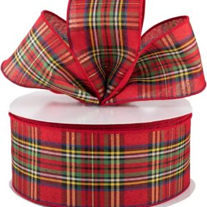 Christmas Red Plaid Fabric Wired Ribbon, Christmas Plaid Canvas Ribbon, Christmas Red Wired Ribbon, Farmhouse Wired Ribbon, Ribbon for Wreaths 2.5×12 feet