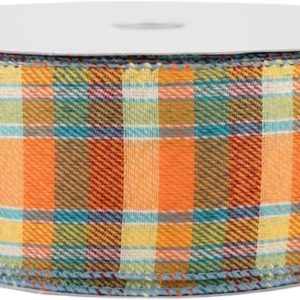 Fall Plaid Blue and Orange Canvas Wired Ribbon, Fall Plaid Ribbon, Fall Wired Ribbon, Farmhouse Wired Ribbon, Ribbon for Wreaths 2.5×12 feet