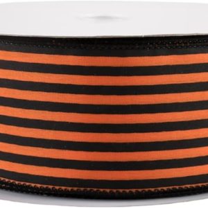 Orange Black Stripe Satin Fabric Wired Ribbon, Orange Black Stripe Ribbon, Wired Ribbon, Farmhouse Wired Ribbon, Ribbon for Wreaths 2.5×12 feet