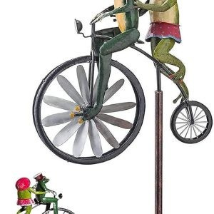 ZI FAN Decor Frogs on a Vintage Bicycle Metal Wind Spinner,Metal Wind Spinner with Standing Vintage Bicycle,Frog Ornament Wind Spinner Pole Garden Yard Lawn Windmill Decoration (Frog)