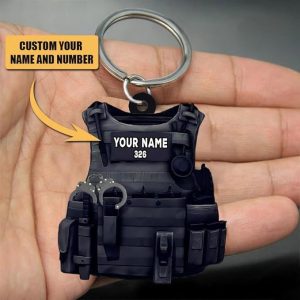 Personalized Police Bulletproof Vest Keychain Custom Flat Job Title Keychain Gift For Dad Grandpa Father Son Boyfriend Husband Motorcycle Lover Him Coworker On Father’s Day Birthday Christmas