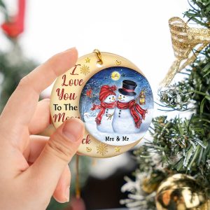 I Love You to The Moon and Back Ornaments- Snowman Couple with Mrs and Mr Write on Snow, Round Shape, Ceramic Ornaments