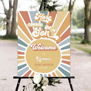Editable Sunshine Baby Shower Here Come The Son Welcome Sign Retro Groovy Boy Sunshine Baby Shower Decoration Sign, Welcome Baby Shower, baby shower plastic sign, custom baby shower sign