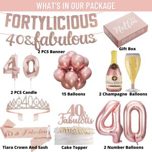 Nelton 40TH Rose Gold Birthday Decorations for Women Includes Queen Sash, Tiara Crown, Cake Topper, 15 Balloons, 2 Number Balloons, 2 Foil Balloons, 2 Glitter Banner, 2 Candle, Gift Box
