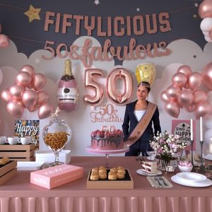 Nelton 50TH Rose Gold Birthday Decorations for Women Includes Queen Sash, Tiara Crown, Cake Topper, 15 Balloons, 2 Number Balloons, 2 Foil Balloons, 2