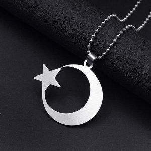 Stainless Steel Crescent Moon Star Necklace Men Women Spiritual Islamic Muslim Amulet Pendant Turkish Religious Jewelry 60Cm