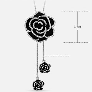 Rhinestone Black Rose Pendant Long Necklace for Women Sweater Chain Statement Necklace Choker Adjustable Elegant Jewelry Crystal Accessories Dressy Collocation Winter Evening Party Wedding,Silver