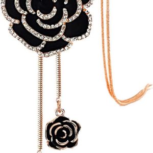 Rhinestone Black Rose Pendant Long Necklace for Women Sweater Chain Statement Necklace Choker Adjustable Elegant Jewelry Crystal Accessories Dressy Collocation Winter Evening Party Wedding,Silver
