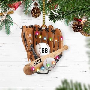 Personalized Baseball Bat Gloves Ornament, Sport Christmas Ornaments, Baseball Ornaments for Boys, 2023 Xmas Gift for Baseball Player, Flat Shape Ornament 3.5″ Two Sided