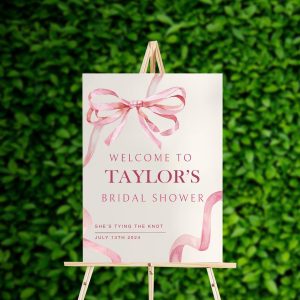 She’s Tying The Knot Bridal Shower Welcome Sign, Minimalist Pink Bow Bridal Shower Poster, Pink Ribbon Bow Wedding Shower Sign, Full Size, Version 5