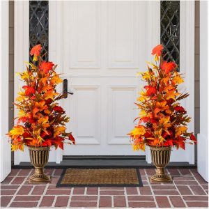 Glitzhome Pack of 2 Fall LED Lighted Maple Tree, Artificial Tree Urn Potted Porch Tree with Timer and 20 Warm White LED Lights, Decorative Front Door Tree Orange, 3 ft