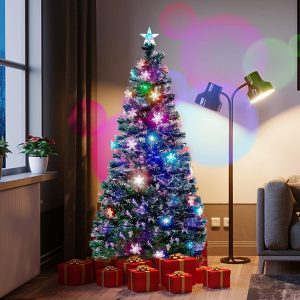 Juegoal 3, 4, 5, 6, 7 ft Pre-Lit Artificial Christmas Tree, Lighted Optical Fiber Xmas Trees with Color Changing LED Lights, Snowflakes & Top Star, Party Home Holiday Fake Multicolored Tree with Metal Legs