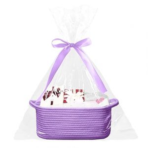 Gift Basket Empty with Gift Bags and Ribbons, Halloween Basket, Basket for gifts, 12″X 8″ X 5″ Small Woven Rope Basket, Toy Basket for Baby and Pet – Full Color