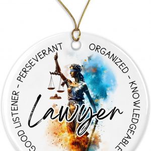 Christmas Decoration Hanging Ornament – Justice Keepsake for Lawyer – Attorney Gifts – Law School Student Ornament – Future Lawyer Gift – Ceramic, Gold, Red