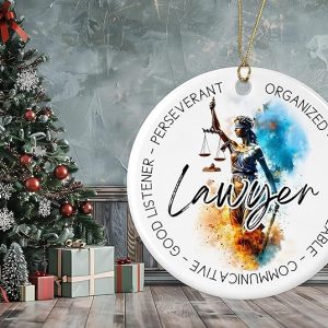 Christmas Decoration Hanging Ornament – Justice Keepsake for Lawyer – Attorney Gifts – Law School Student Ornament – Future Lawyer Gift – Ceramic, Gold, Red