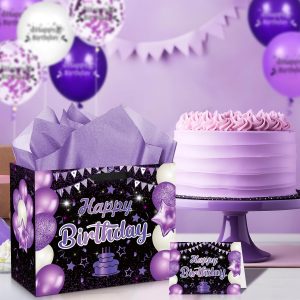 Wayyogh Purple Birthday Gift Bag, Large Purple and Black Happy Birthday Wrap Gift Bag with Card and Tissue Paper for Girls Women Anniversary Party Favors Kids Adults Goodie Wrapping Bag Supplies