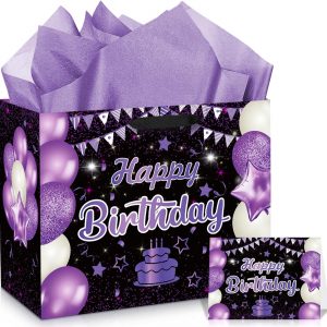 Wayyogh Purple Birthday Gift Bag, Large Purple and Black Happy Birthday Wrap Gift Bag with Card and Tissue Paper for Girls Women Anniversary Party Favors Kids Adults Goodie Wrapping Bag Supplies