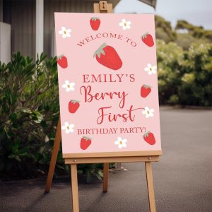 Strawberry First Birthday Welcome Sign, Berry Sweet Decoration Girl, 1st Birthday Editable Strawberry Party Decoration, 1st Birthday Sign, 1st Birthday Decorations for Girls, Birthday Party Decor