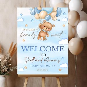 Welcome Sign for Baby Shower – Tan Brown Blue Bear ‘We Can Bearly Wait’ Boho Balloons Party Yard Sign, Decorations, Gifts for Kids From Family
