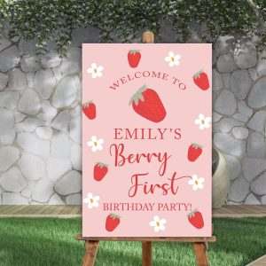 Strawberry First Birthday Welcome Sign, Berry Sweet Decoration Girl, 1st Birthday Editable Strawberry Party Decoration, 1st Birthday Sign, 1st Birthday Decorations for Girls, Birthday Party Decor