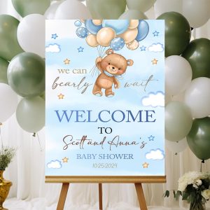Welcome Sign for Baby Shower – Tan Brown Blue Bear ‘We Can Bearly Wait’ Boho Balloons Party Yard Sign, Decorations, Gifts for Kids From Family