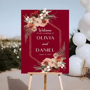 Personalized Fall Autumn Floral Wedding Welcomes Sign Board, Boho Burgundy Weddings Welcome Sign, Welcome To Our Forever Weddings Signs, Boho Burgundy, Wedding Welcome Signs For Ceremony