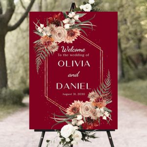 Personalized Fall Autumn Floral Wedding Welcomes Sign Board, Boho Burgundy Weddings Welcome Sign, Welcome To Our Forever Weddings Signs, Boho Burgundy, Wedding Welcome Signs For Ceremony