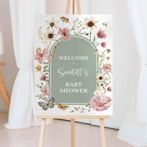 Editable Wildflower Baby Shower Welcome Sign, Green Floral Garden Party Template, Dusty Pink Baby In Bloom Sign